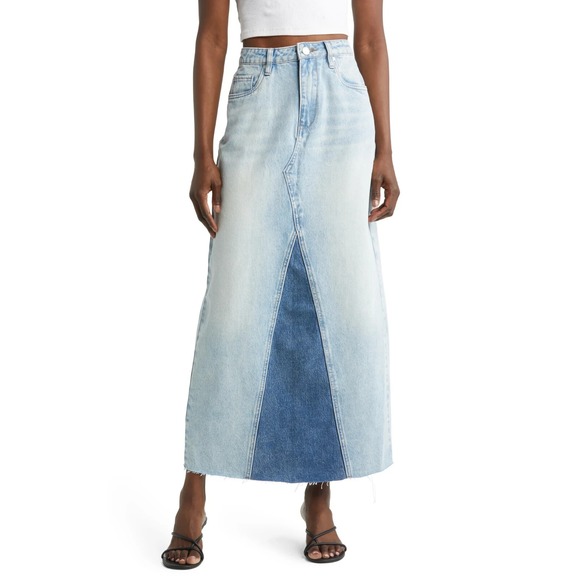 BLANKNYC Skirt Patchwork Denim Blue Jean Midi Two Tone NWT - Picture 1 of 13